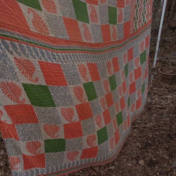 Kantha Quilt Orange Green Squares 54" x 89" Premium 3 Layer Cotton K60. - Picture 2 of 3